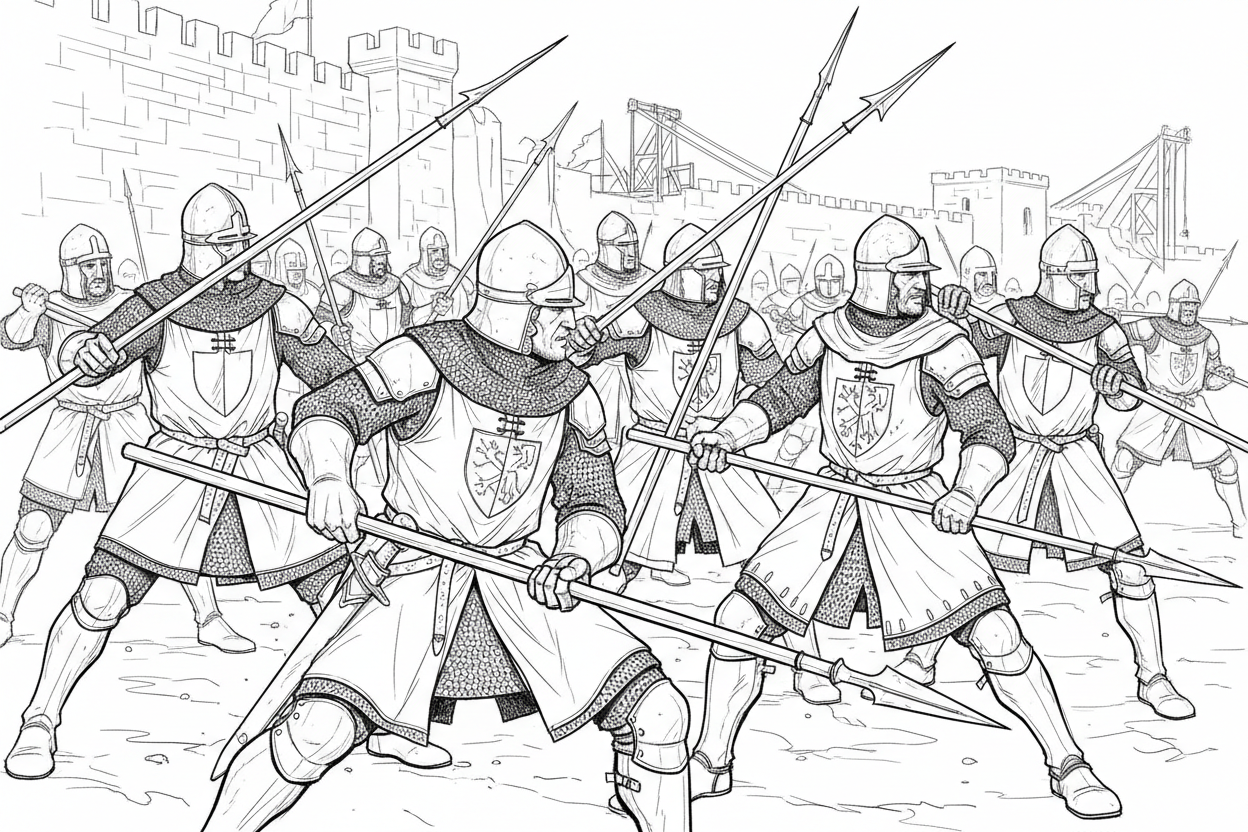 line drawing of spear fighters in medieval garb